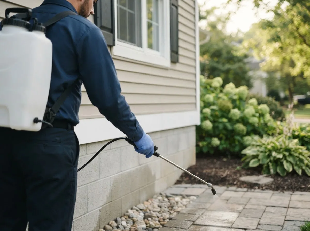 Pest control technician inspecting a home in Nardin, OK